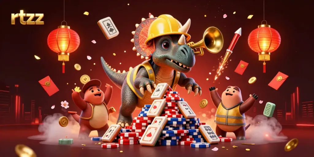 Engage in thrilling gameplay with RTZZ, where a triceratops builds poker chip pyramids amidst a festive casino ambiance.