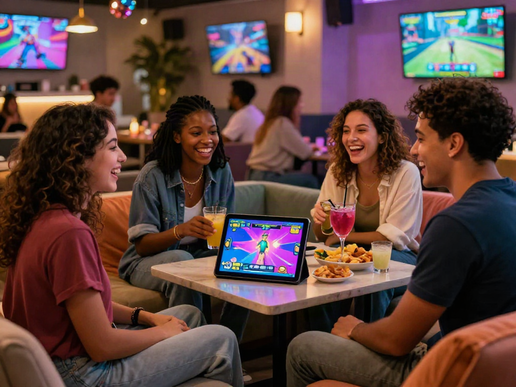 Friends enjoying a lively sex game night with colorful tablet interface and festive atmosphere.