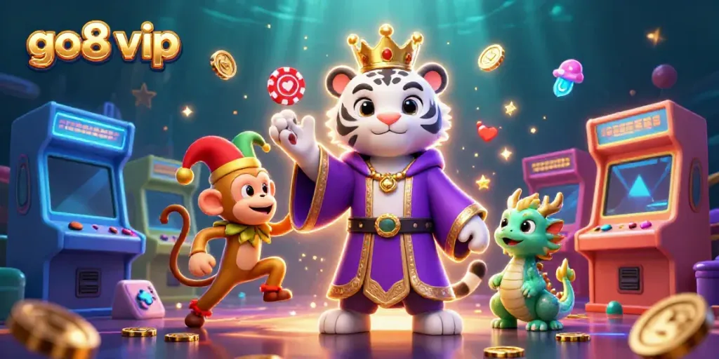 Experience the vibrant action of go8 vip with a 3D white tiger, monkey, and casino elements in colorful detail.