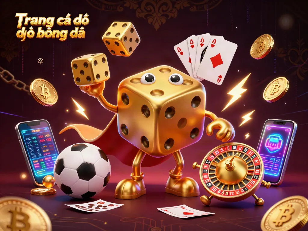 Engage in Trang cá độ bóng đá with vibrant sports betting elements and animated golden dice artwork.