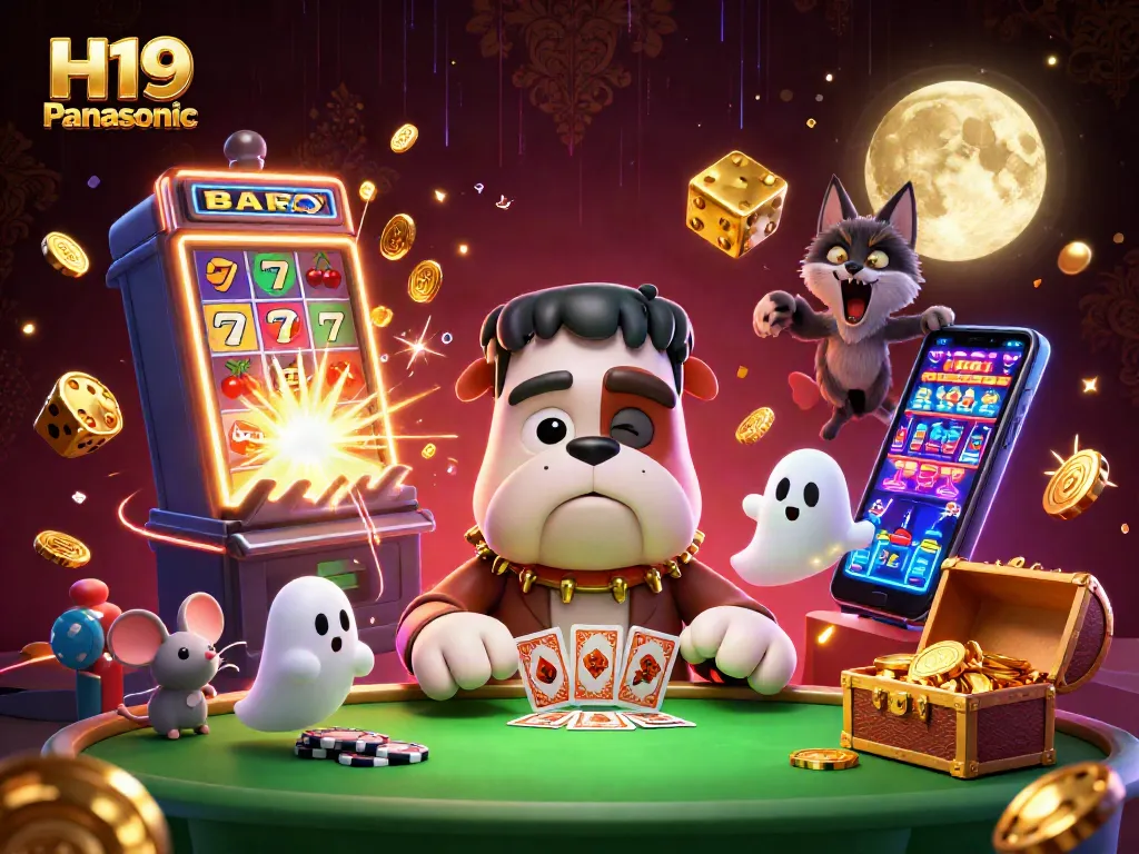 Engage with the thrilling H19 Panasonic casino experience as characters deal magical cards amid vibrant gaming elements.