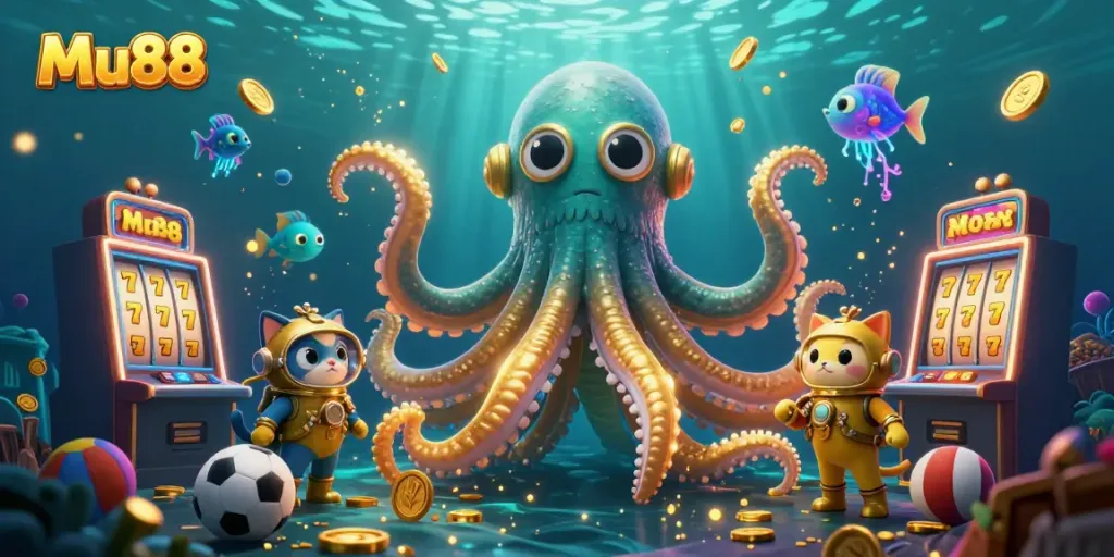 Mu88 brings excitement with a colossal kraken and diving cat amidst spinning slot machines and vibrant gold coins.