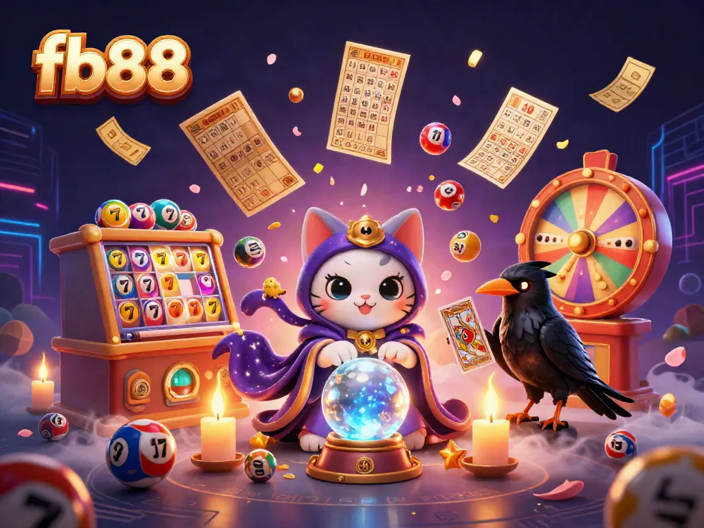 Experience the magic of fb88 with an enchanting 3D casino scene featuring a mystical cat, a tarot raven, and vibrant slot games.