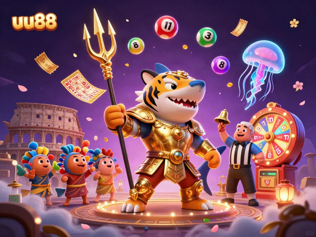 Engage with uu88's vibrant casino adventure featuring a tiger shark and dynamic lottery elements.