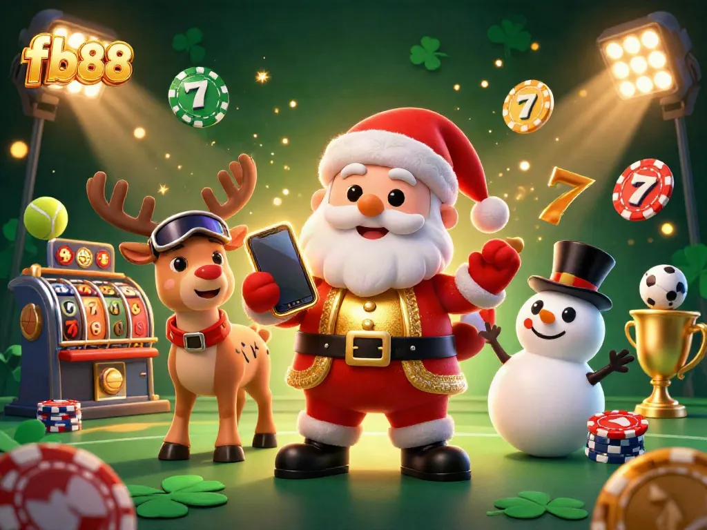 Experience the exciting world of fb88 with Santa Claus, his reindeer, and a snowman interacting with slot reels and casino elements.