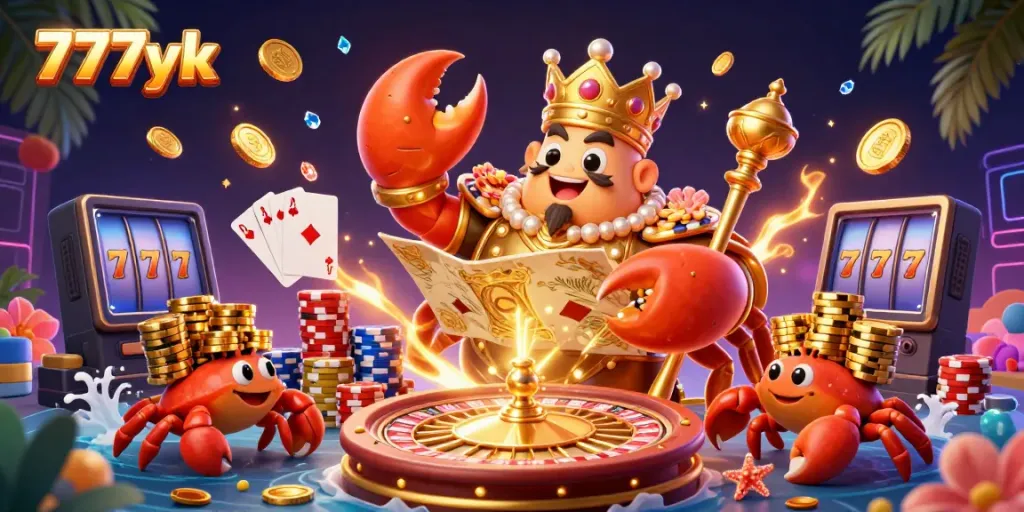 Experience the vibrant world of 777yk as a golden crab emperor commands games with colorful casino elements.