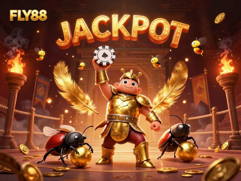 FLY88 showcases a victorious beetle lifting a poker chip amidst a dynamic casino scene.