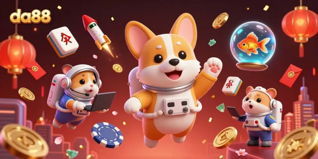 Engaging scene featuring the da88 astronaut corgi floating in a dynamic casino with vibrant elements.
