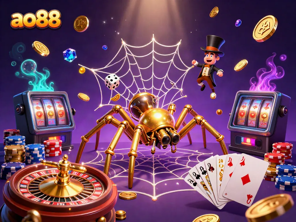 Experience thrilling gameplay at ao88 with a whimsical steampunk scene, featuring gold coins and poker chips.