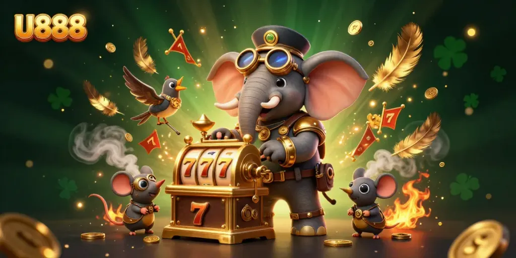 Experience U888's thrilling atmosphere with a steampunk elephant mastering a golden slot machine