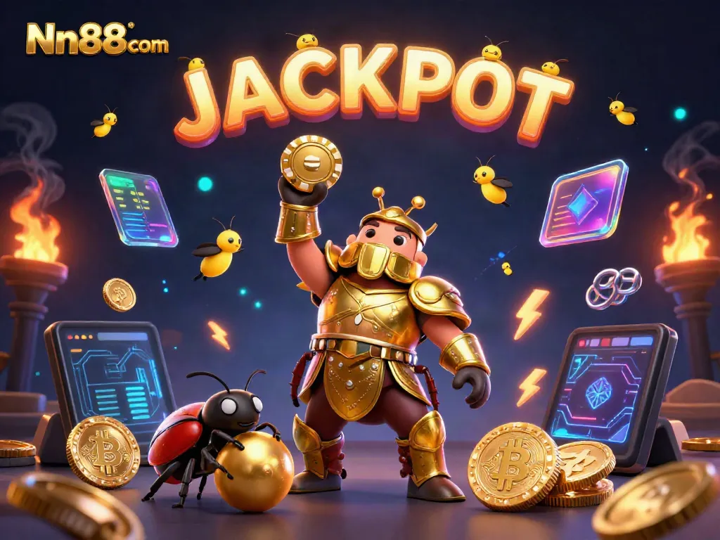 Win big at Nn88 com with an animated scene showing a heroic beetle lifting a poker chip in triumph.