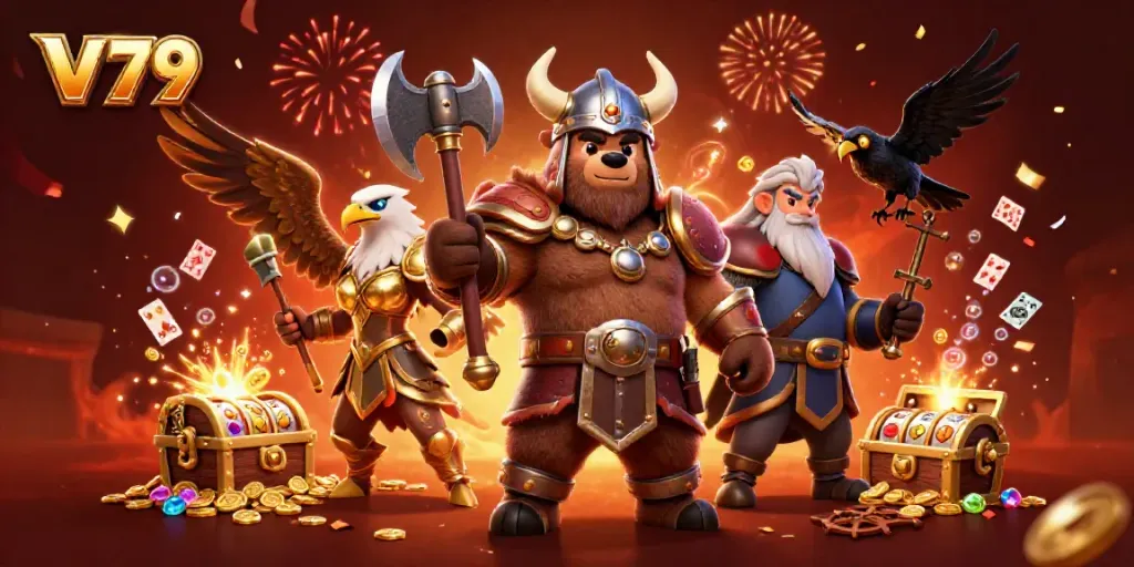 Engage in thrilling casino action at V 79 with vibrant 3D characters and gaming elements.