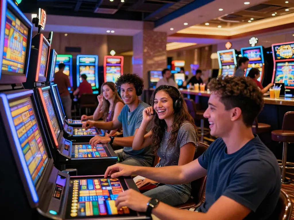 Casino Gratuit experience with friends enjoying vibrant slot machines in a modern gaming lounge, showcasing excitement and fun.