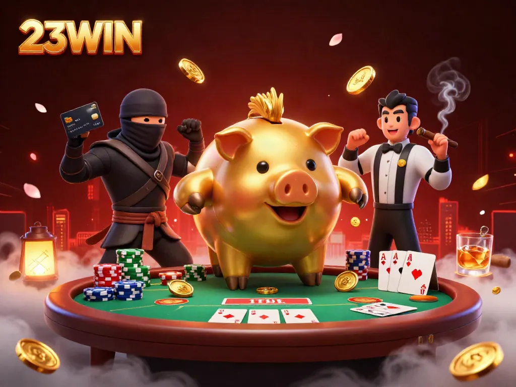 Experience thrilling gameplay at 23WIN with a festive scene of video slots, poker, and golden coins.