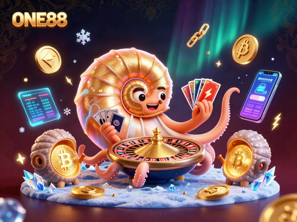 Engage with ONE88's vibrant gaming experience featuring ancient nautilus and glowing cryptocurrencies.