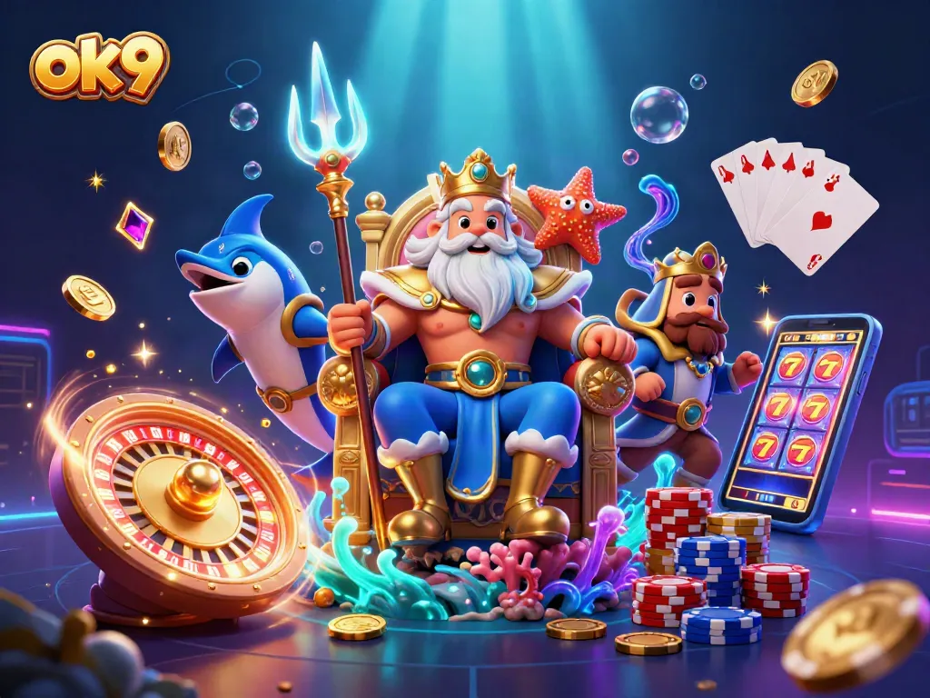 Spin to win with ok9-themed casino illustration featuring Neptune, coins, and roulette.