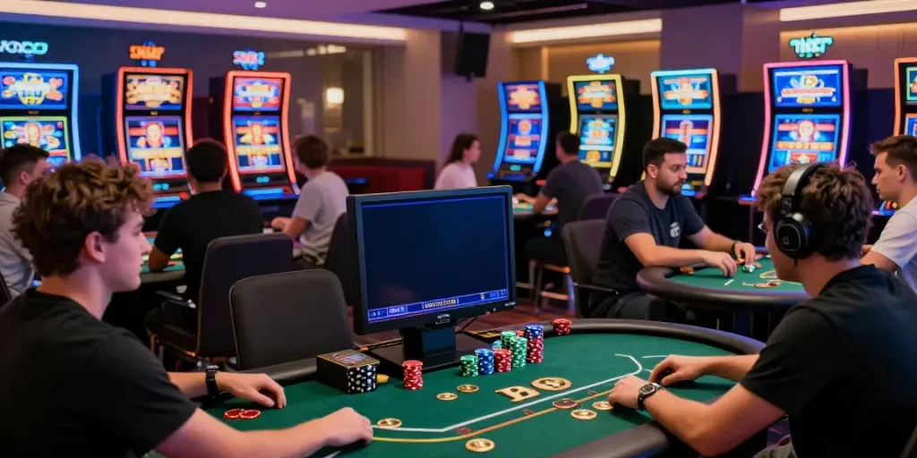 Players enjoying games at a lively Bitcoin casino with vibrant graphics.