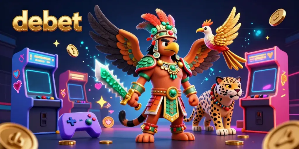 Experience the thrill of debet with Aztec warriors amidst vibrant casino elements.
