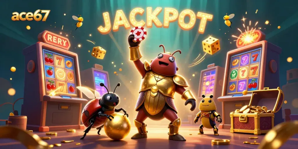 Ace67 jackpots celebration with hercules beetle and golden elements in a vibrant casino scene.