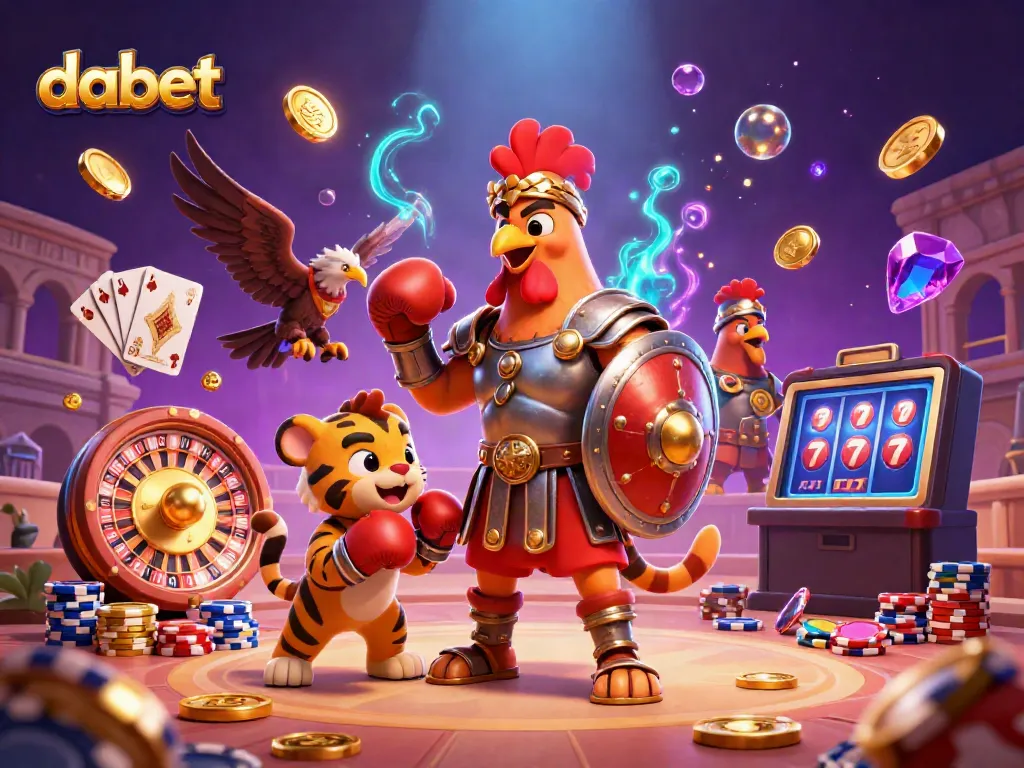 Dabet's vibrant 3D casino scene features a gladiator rooster, tiger cub, and eagle, with thrilling gambling elements.