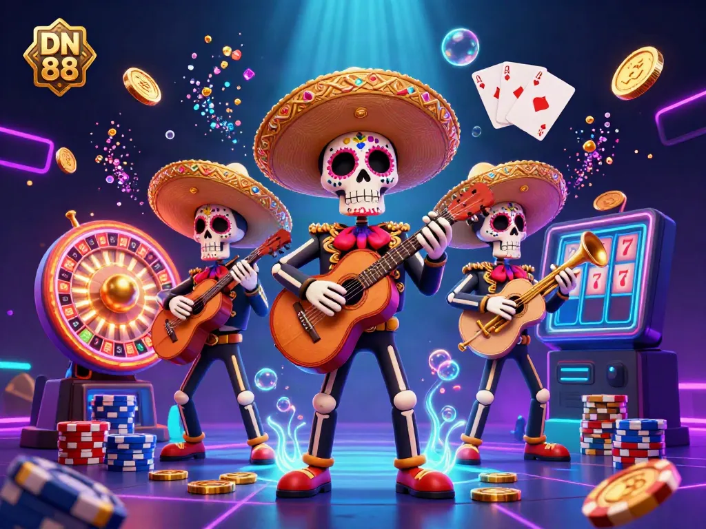 Win big at DN 88 casino with vibrant skeleton mariachi band, golden coins, and jackpot symbols.