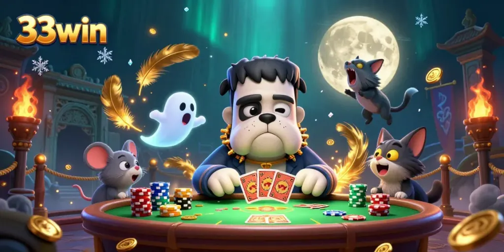 Watch 33win's vibrant casino scene featuring a monster dealing cards and a ghost mouse.
