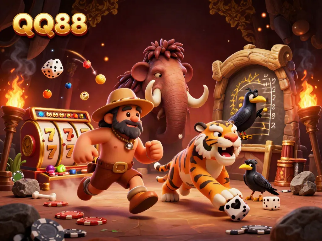 Engage with QQ88 in a vibrant prehistoric casino experience featuring playful characters.