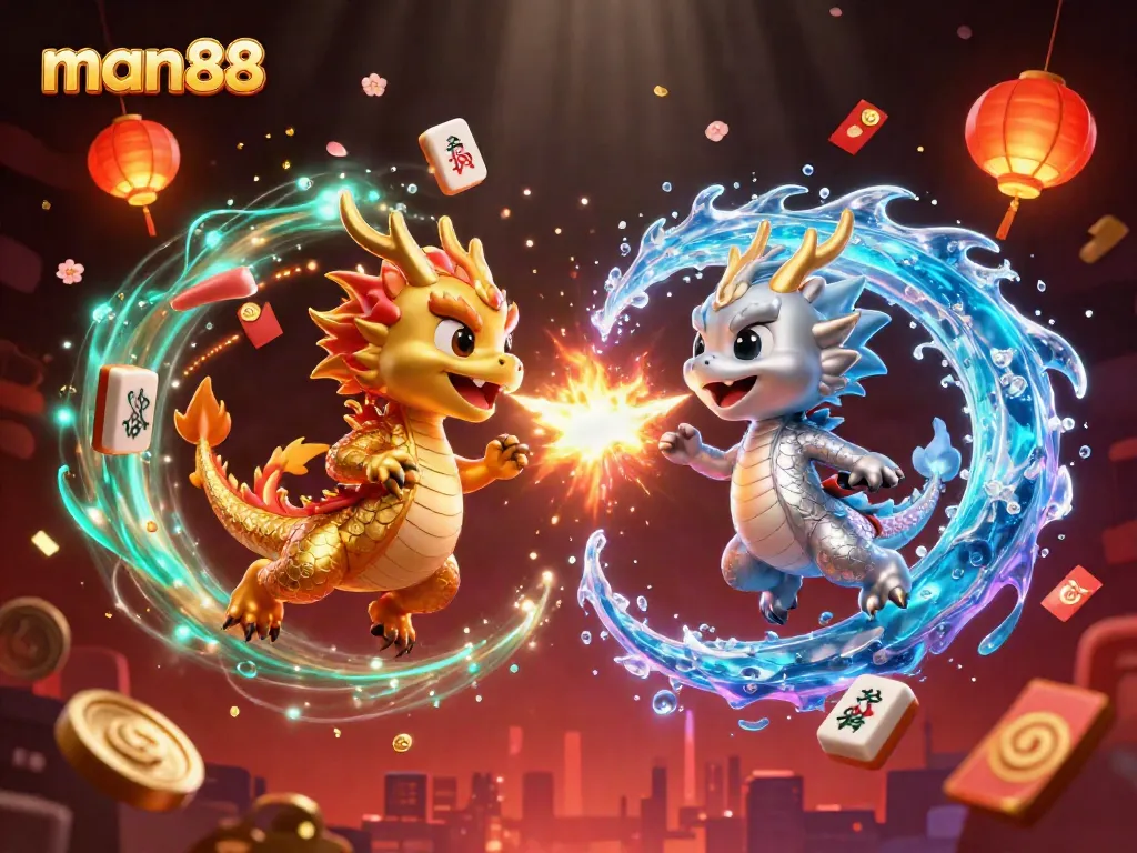Experience the thrill of winning at man88 with dynamic dragon battles amidst a vibrant casino setting.