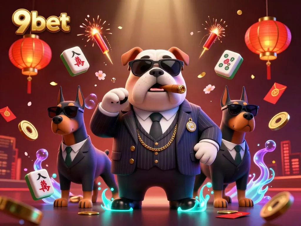 Engage in thrilling 9bet casino experiences with a vibrant illustration of a mafia boss bulldog and bodyguard Dobermans amidst exciting gaming elements.