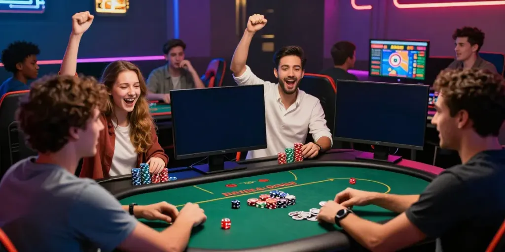 Friends celebrating a win at RED88 online casino, showcasing vibrant gaming atmosphere.