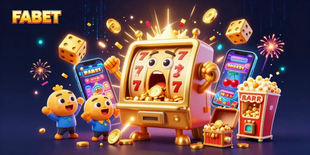 Win big at FABET with golden slot machines bursting coins and colorful casino games around.