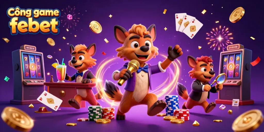 Engage with the excitement at Cổng game febet featuring fun hyena characters in a lively casino scene.