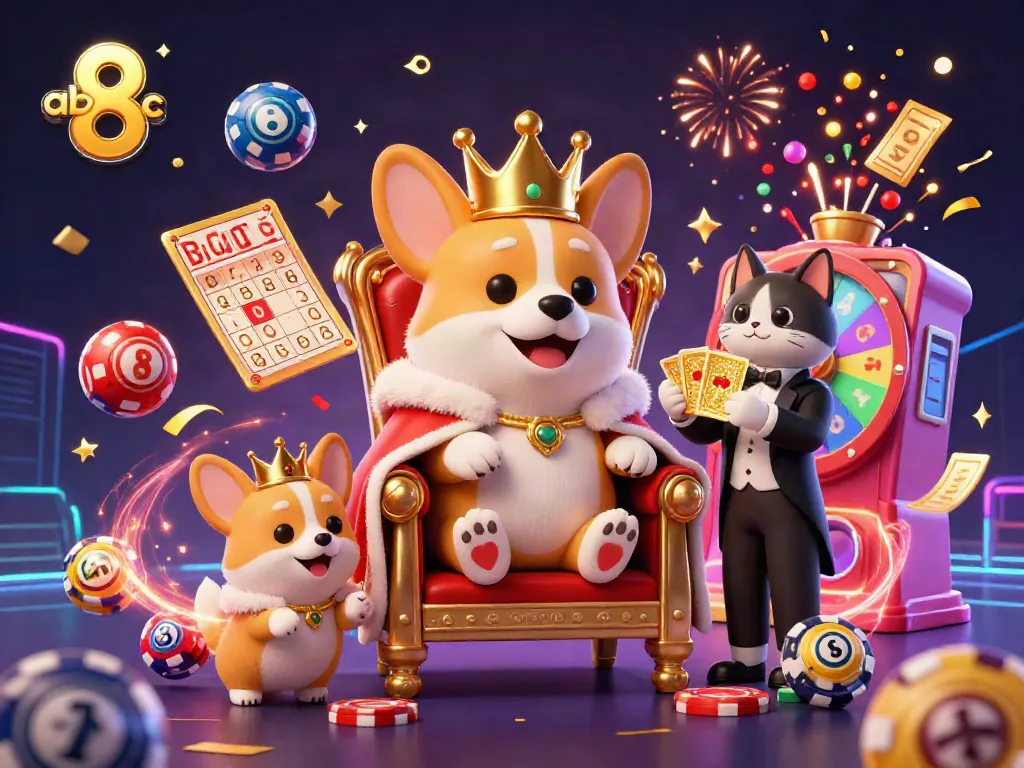 Join the royal gaming adventure with abc8 featuring a corgi monarch and vibrant lottery elements.