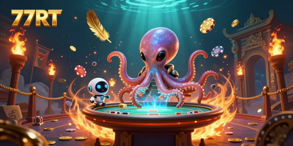 Engage with 77RT's thrilling holographic poker table scene featuring an alien octopus and an excited robot amidst vibrant cosmic elements.