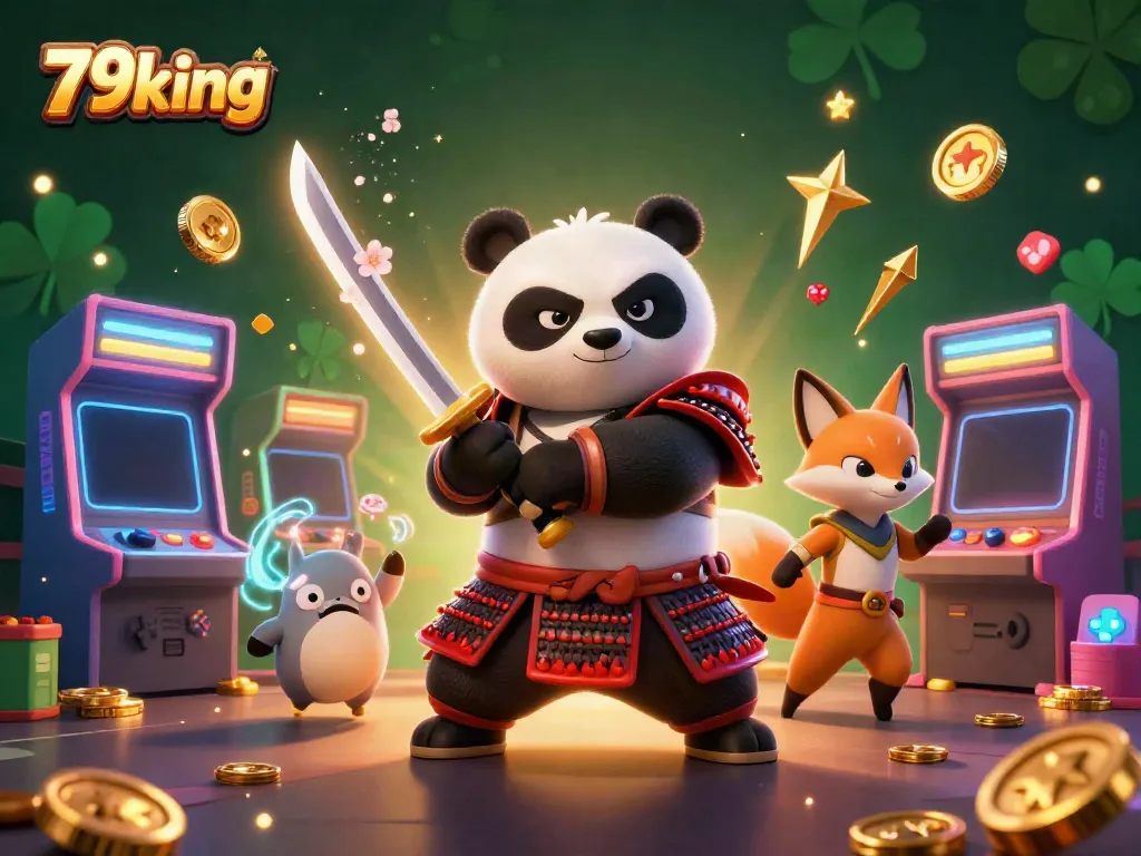 Engage in thrilling action at 79king with vibrant 3D gaming characters surrounded by arcade machines and casino elements.