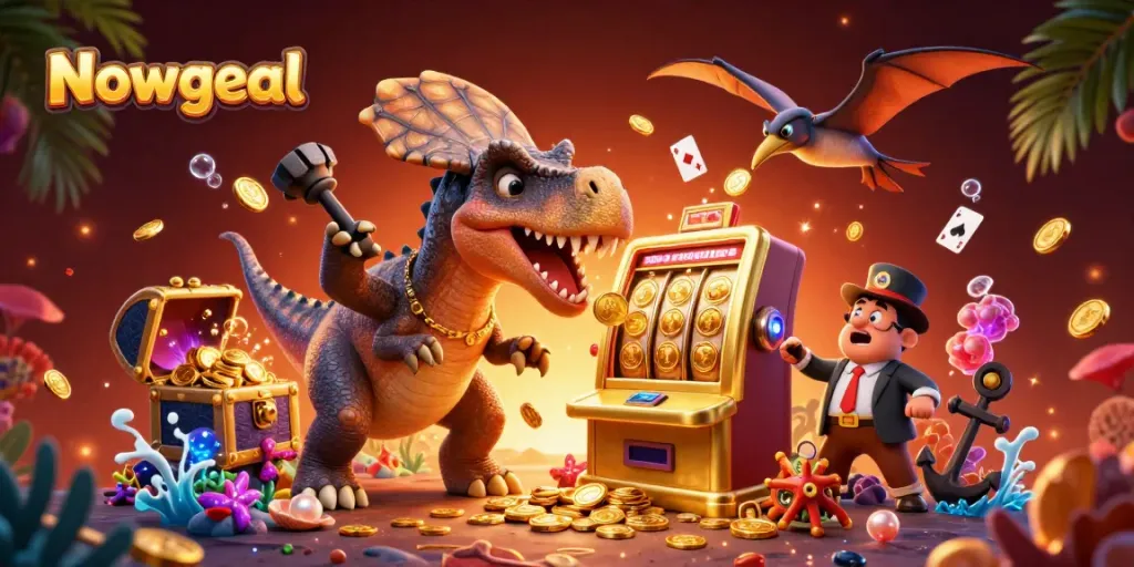 Experience the excitement of Nowgoal as a dinosaur interacts with a slot machine amidst a vibrant casino scene.