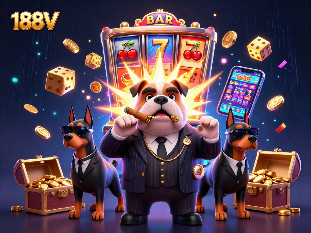 Experience the thrill of 188V with a jackpot scene bursting with coins and 3D cartoon characters.
