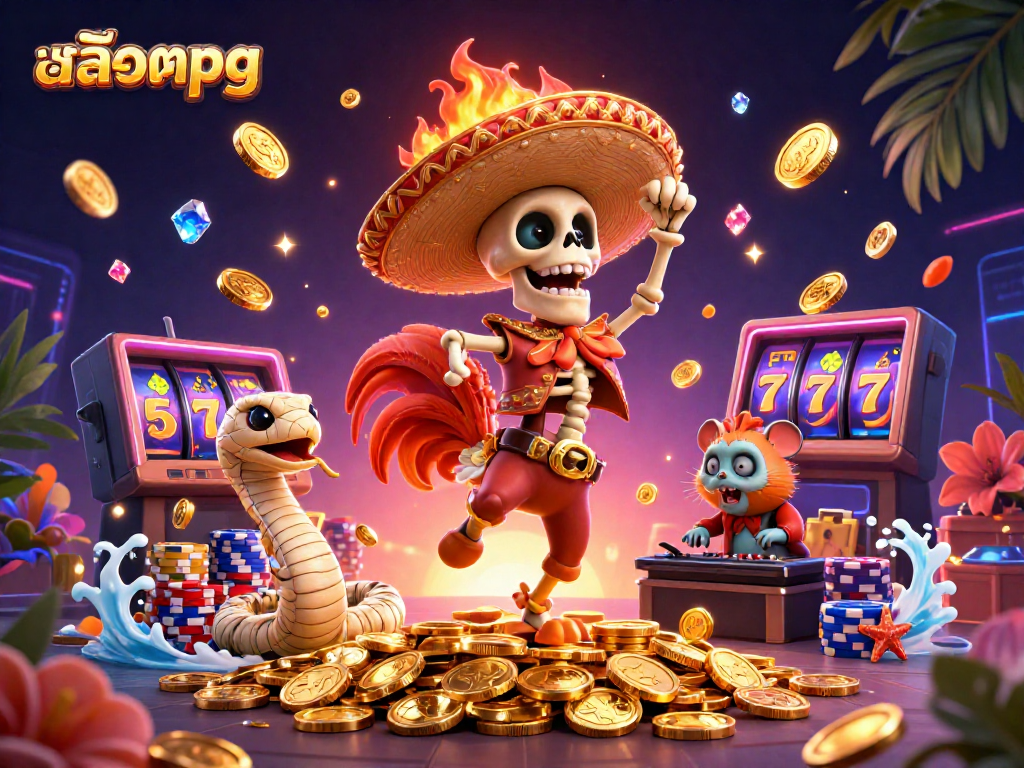 Spin to win with สล็อตpg as a skeleton mariachi rooster dances on golden coins amidst vibrant casino elements.