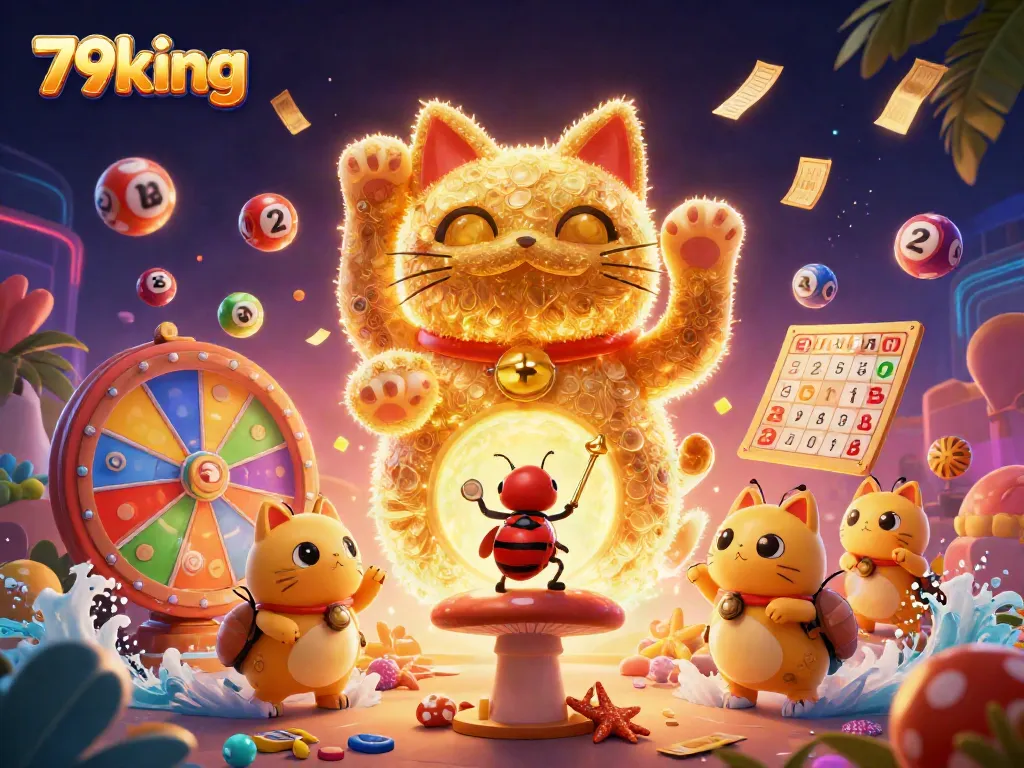 Engage with the exciting world of 79king where vibrant casino elements come alive in a lucky cat illustration.