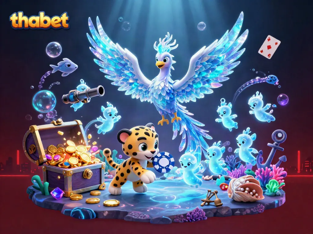Bet on thabet with an enchanting display of an ice phoenix and playful creatures amid dynamic casino themes.