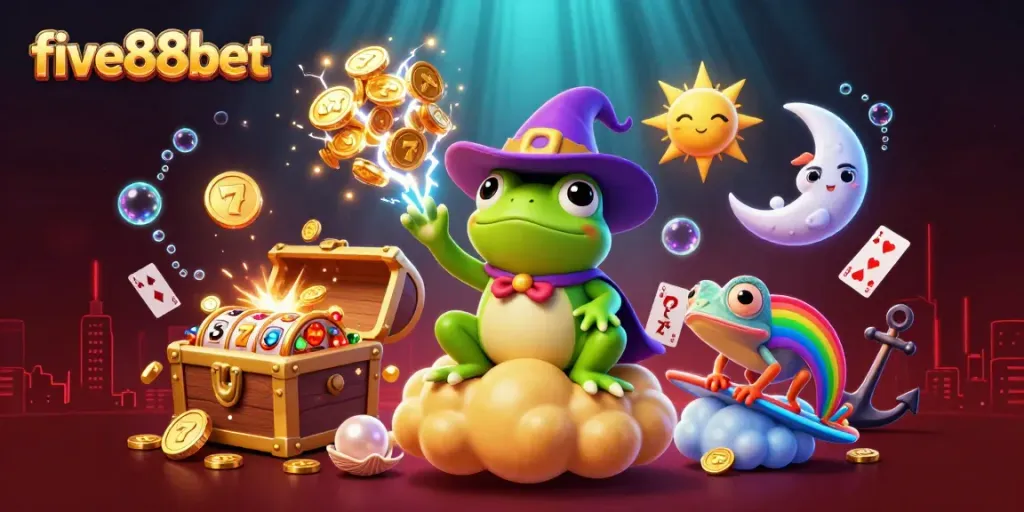 Experience vibrant casino magic with five88bet featuring characters and gold elements in a dynamic scene.