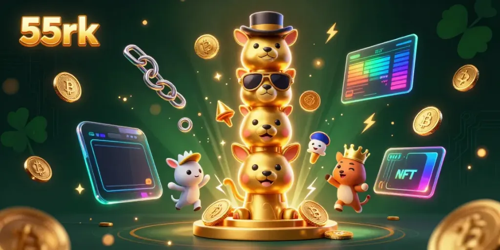 Experience thrilling 55rk gaming adventure with vibrant 3D characters and crypto elements in a dynamic casino setting.