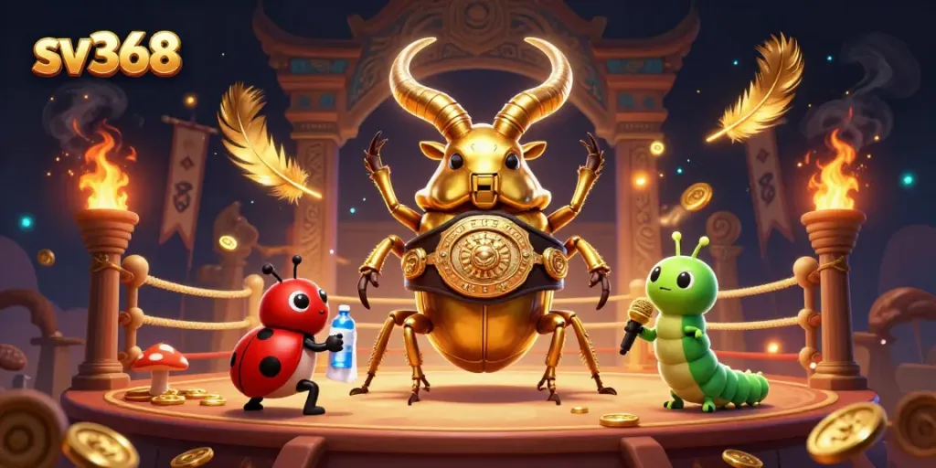 Engage in vibrant sv368 gaming with a dynamic illustration featuring a golden stag beetle and lively casino elements.