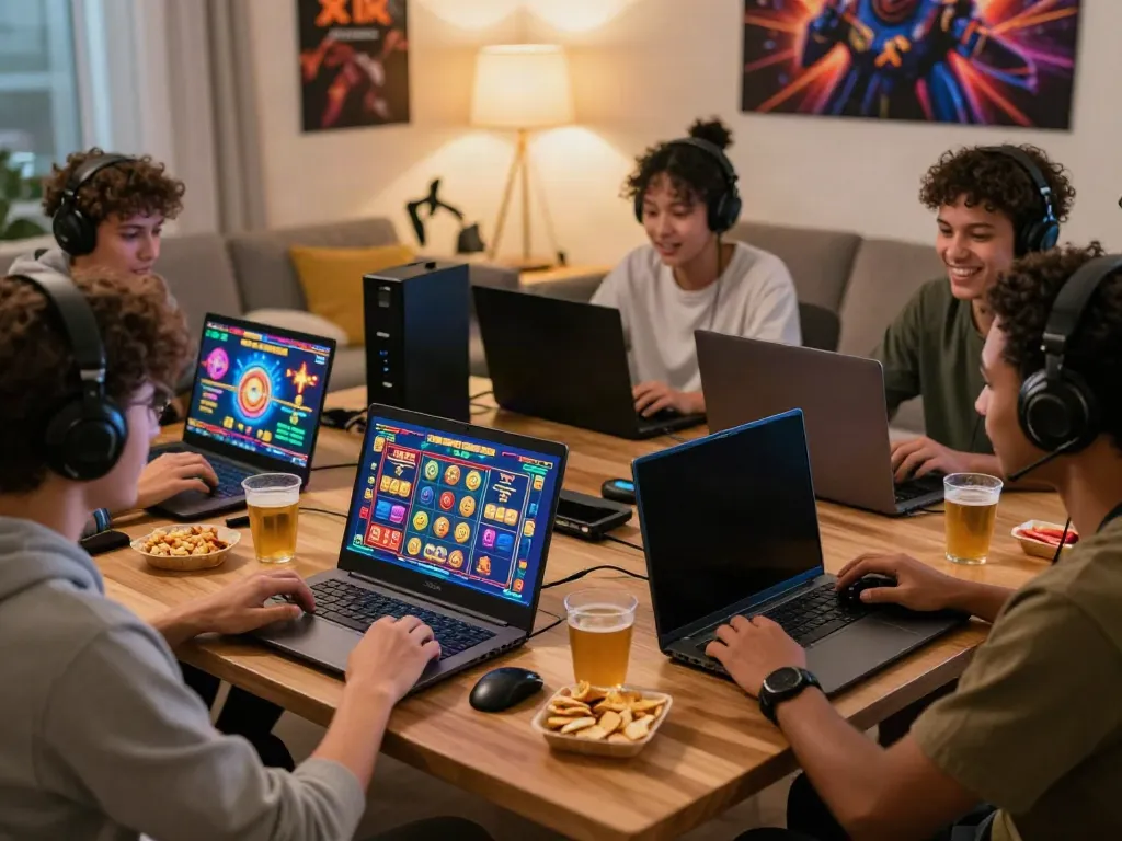 Engaged friends experiencing the excitement of online gaming on https://da88z.net/ with colorful slot game graphics.