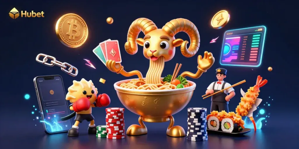 Experience the vibrant Hubet gaming universe with cartoon characters, crypto coins, and festive casino elements.