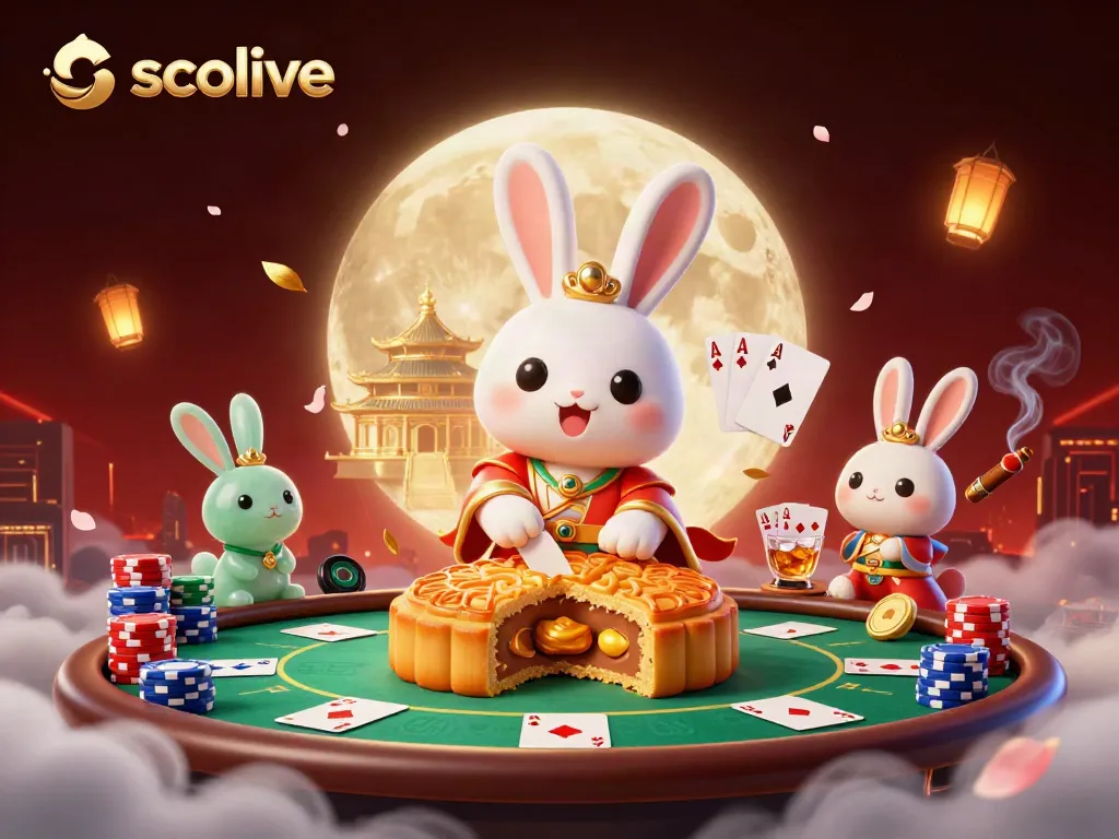 Socolive showcases an energetic scene with a cartoon moon rabbit integrating poker chips into mooncakes, capturing the thrill of gambling.