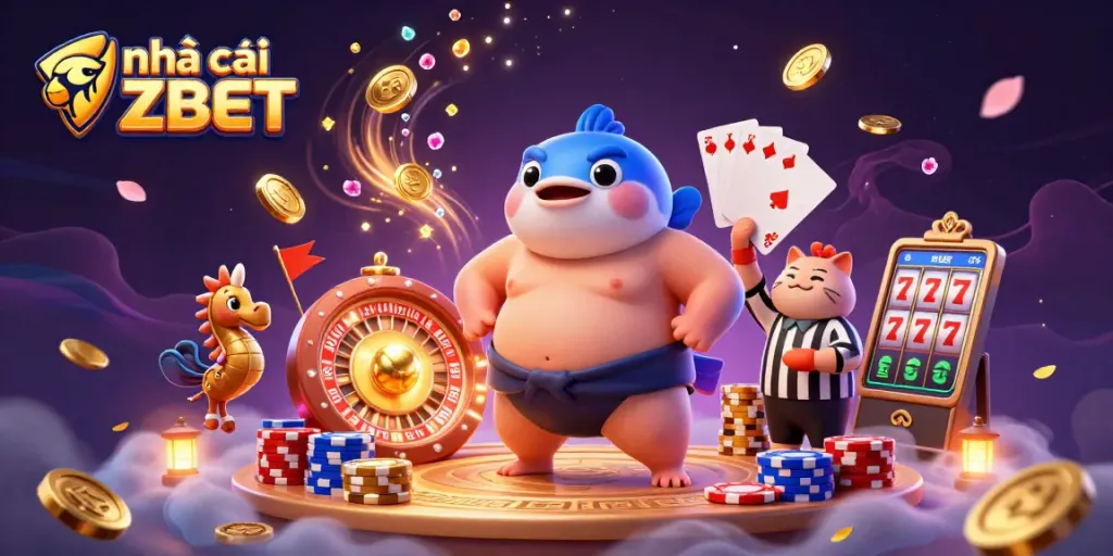 Join the fun at nhà cái ZBET with vibrant casino action, featuring a cartoon fugu in a dynamic underwater setting.