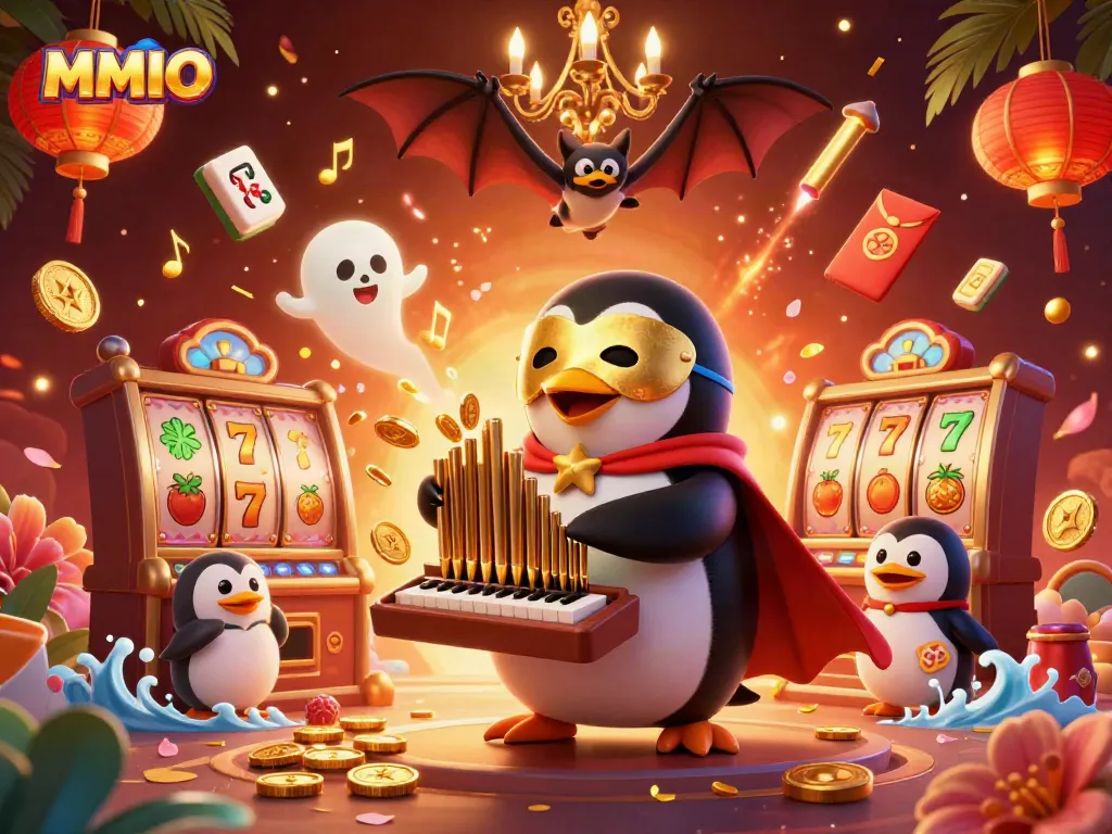 Engage with the lively illustration of MMOO, highlighting a penguin in a golden mask at a slot machine extravaganza.