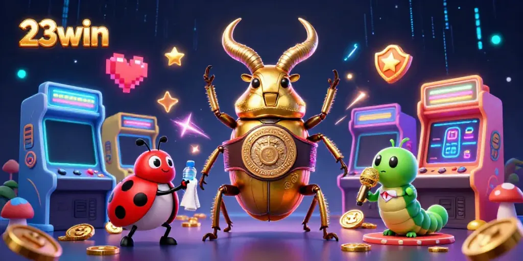 Engage in thrilling gameplay at 23win with a vibrant 3D illustration featuring casino characters.