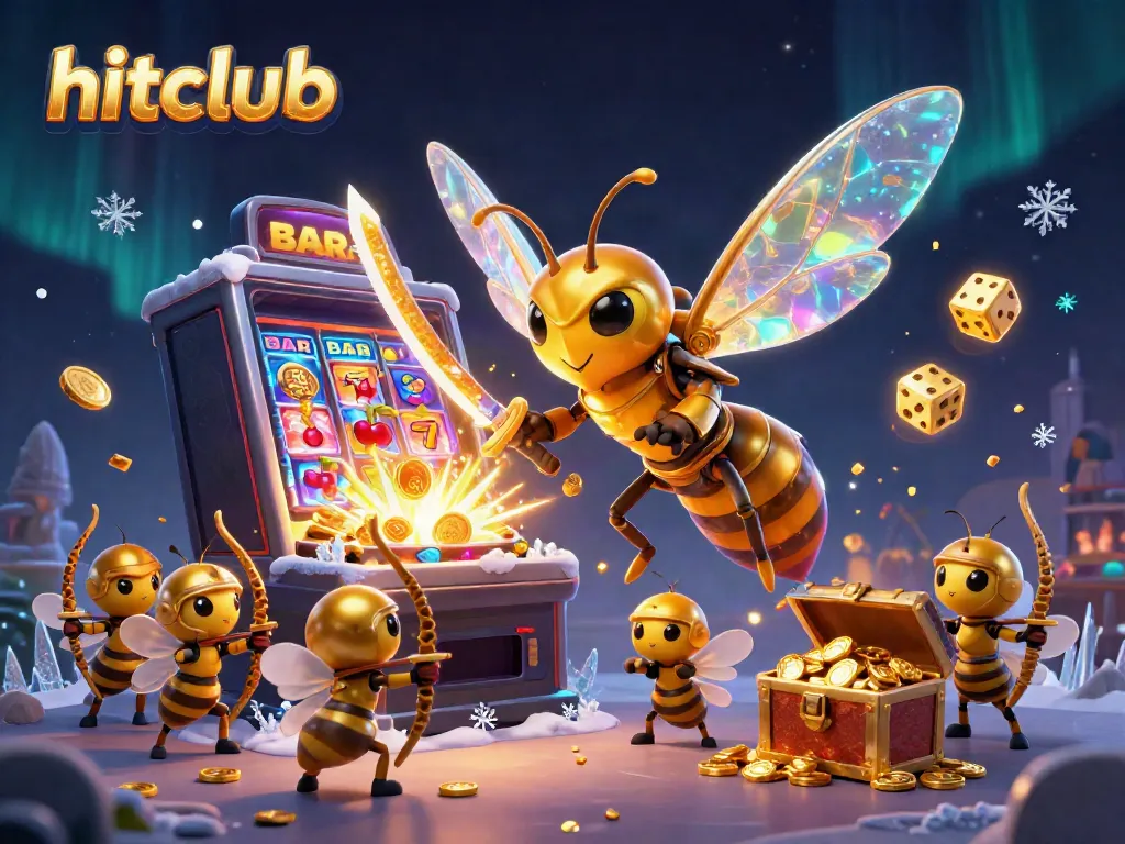 Experience the thrill of hitclub with a captivating 3D scene of a golden hornet samurai amidst casino elements.